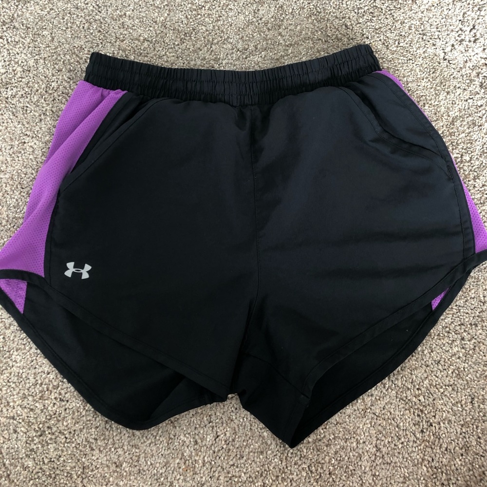 Black and purple athletic shorts with pockets